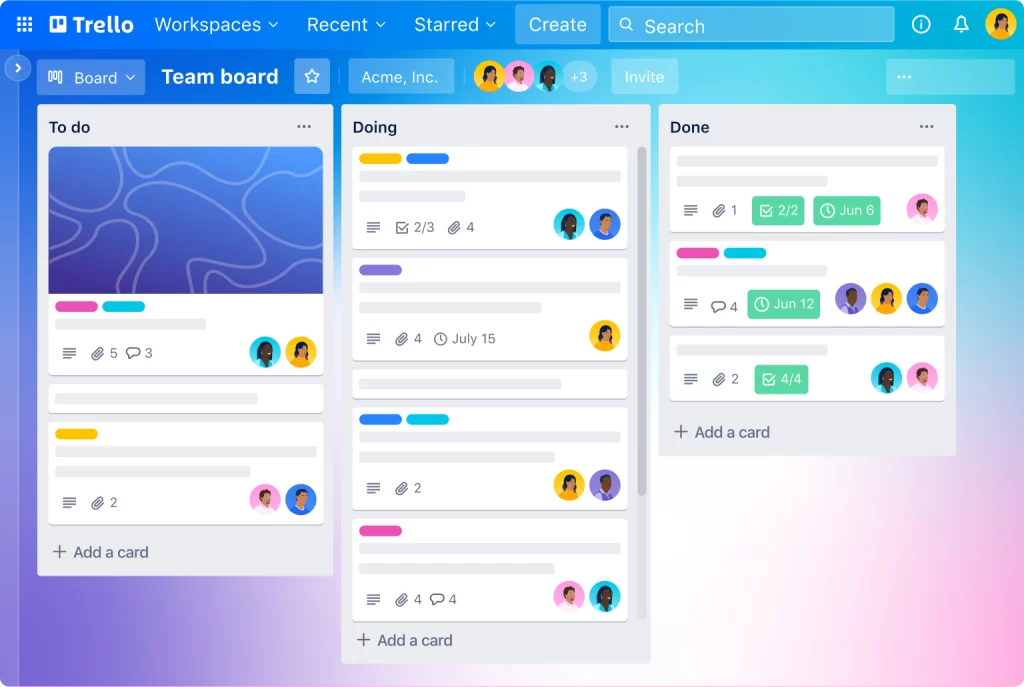 Screenshot von Trello mit Kanban-Board und verschiebbaren Karten