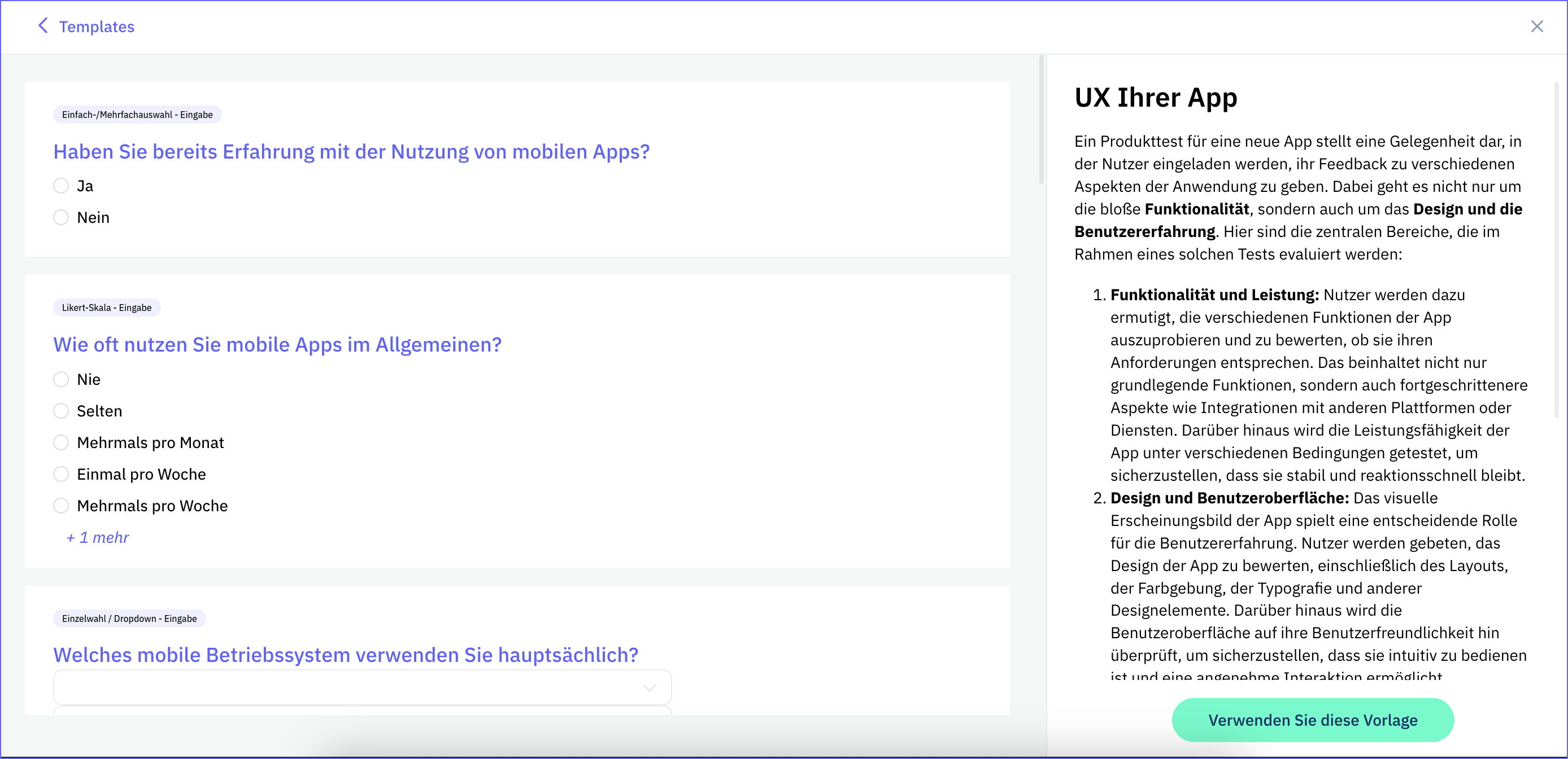 Umfrage-Vorlage zum UX Testing einer App
