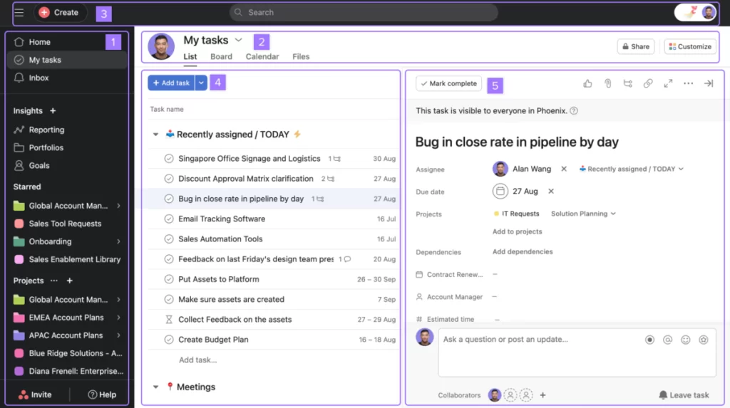 Screenshot von Asana mit Aufgabenlisten und Seitennavigation